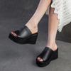 Fashion 8.5cm Ethnic Cow Genuine Leather Peep Toe Women Flats Leisure Slip on Platform Wedge Flats Slippers Summer Comfy Shoes