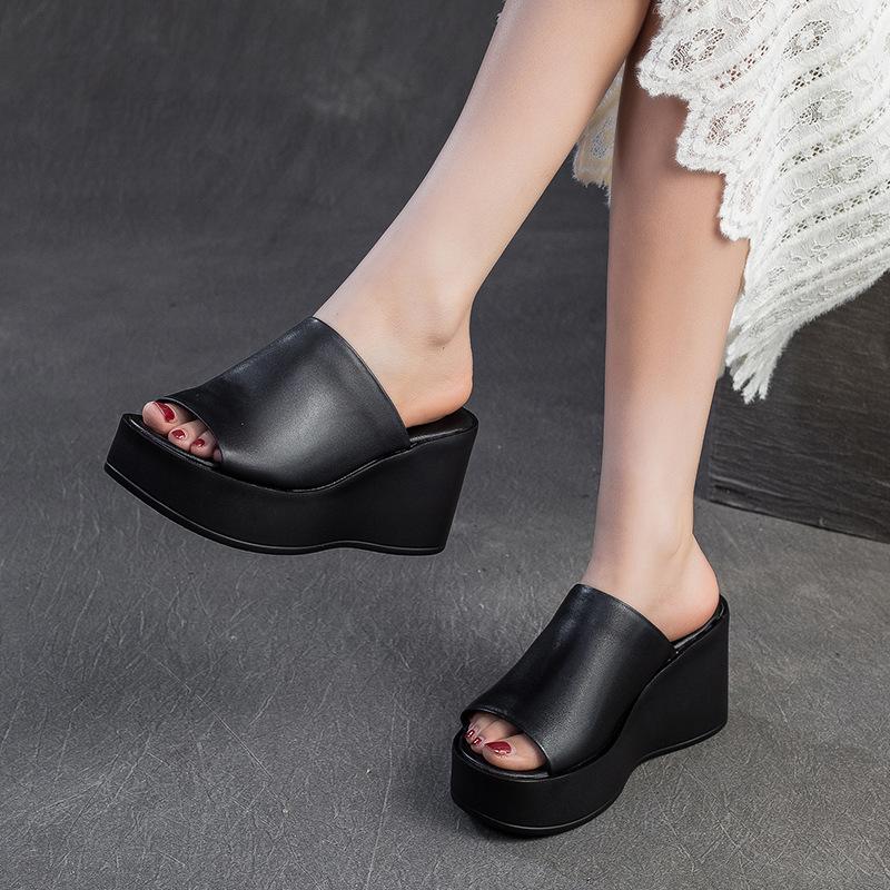 Fashion 8.5cm Ethnic Cow Genuine Leather Peep Toe Women Flats Leisure Slip on Platform Wedge Flats Slippers Summer Comfy Shoes