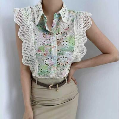 A Petite and Sweet New Style of Sleeveless Shirt with Lapel Lace Crochet and Cutout Patchwork