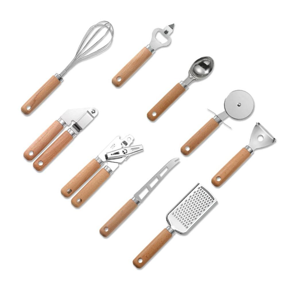 9 PCS Silver Wooden Color Cooking Tool Set Stainless Steel Kitchen Gadget Set  Home Kitchen