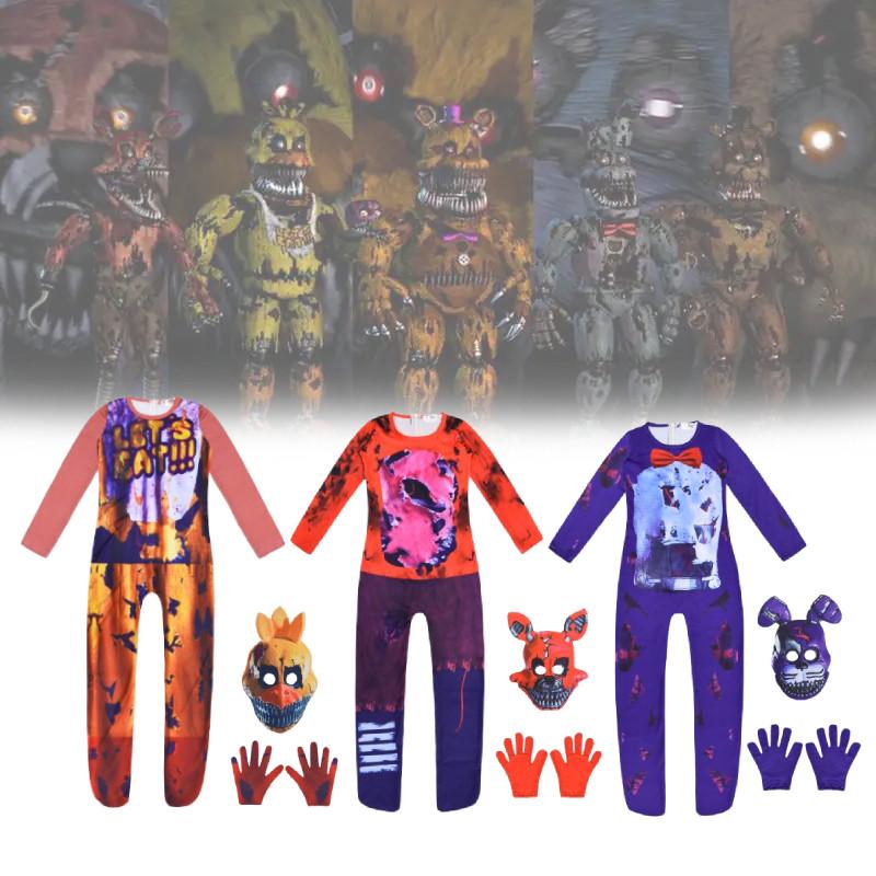 Nights Kids Five At Freddys Halloween Cosplay Party Suit Jumpsuit Gloves Mask