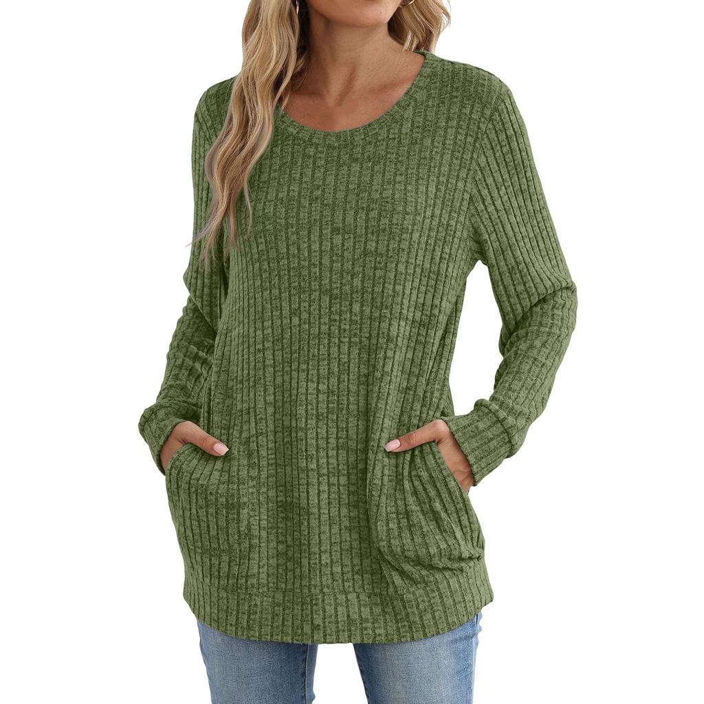 Damenmode Locker geschnittenes Rundhals-T-Shirt Einfarbig mit Tasche Langärmeliges Oberteil