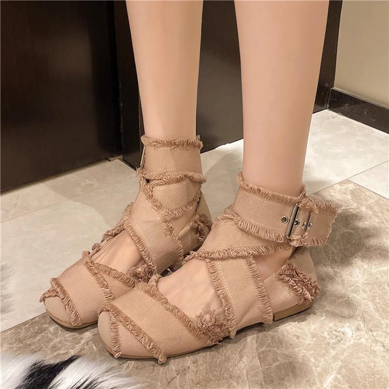 Damen Mary Jane Schuhe Canvas Flache Sohle Quadratische Zehenpartie Damenschuhe Kleid Ballett Riemen Schnalle Römisch Retro Neuheit Zapatillas De Mujer