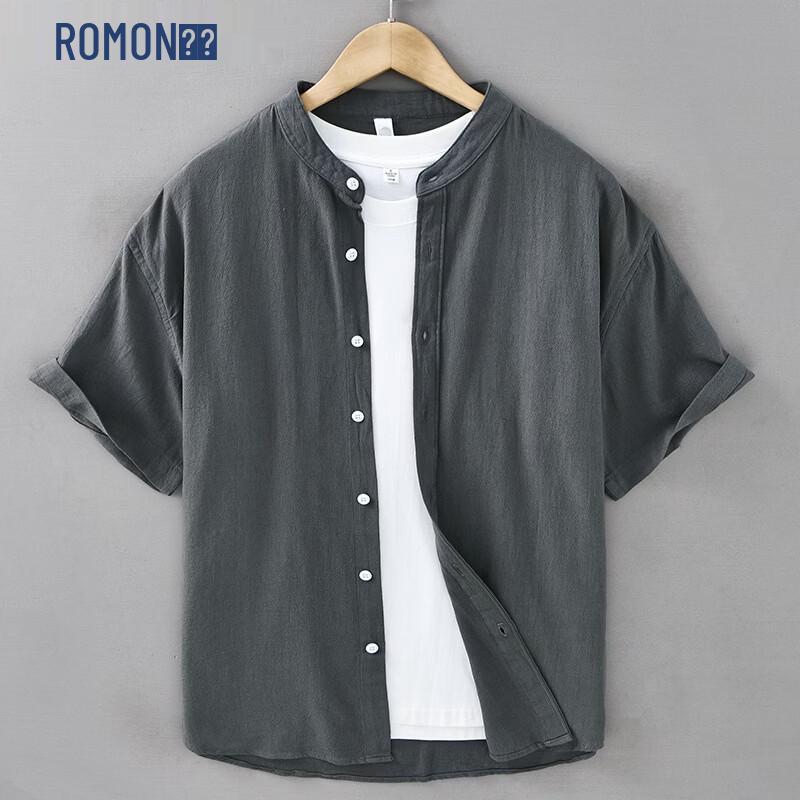 ROMON Men s Crinkle Cotton Short-Sleeve Stand-Collar Shirt M