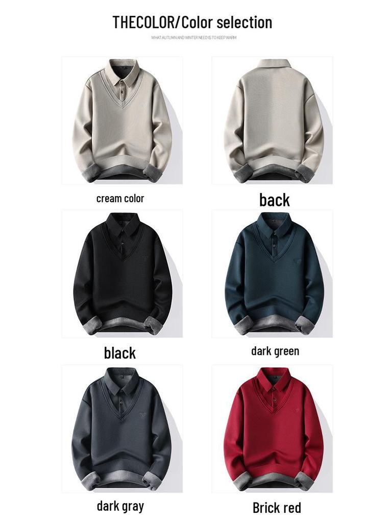 Men's Fleece-Lined Two-Piece Look Warm Sweater with Shirt Collar