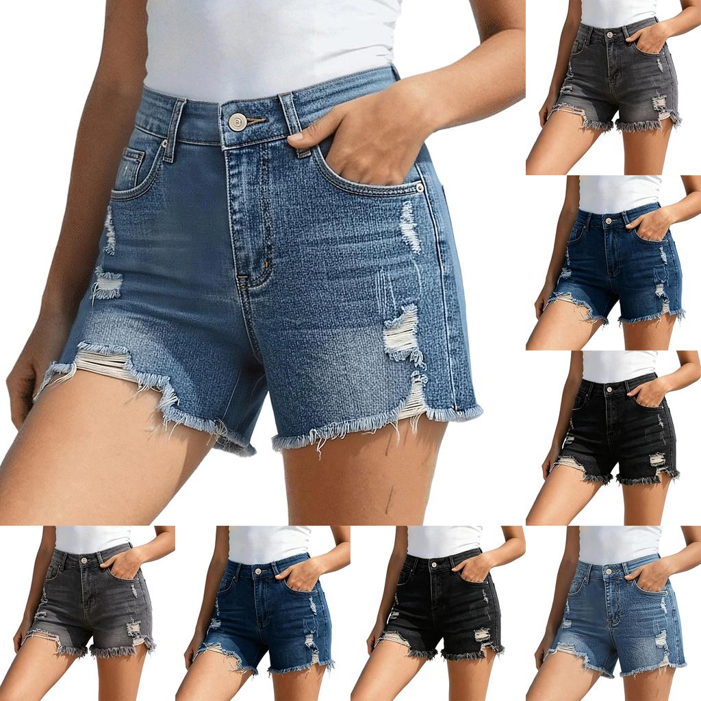 Women's High Waist Denim Shorts Ripped Raw Hem Jean Shorts Classic Five Pocket Design Non Stretch Fabric Casual Summer Bottoms