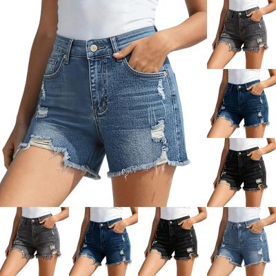 Women's High Waist Denim Shorts Ripped Raw Hem Jean Shorts Classic Five Pocket Design Non Stretch Fabric Casual Summer Bottoms