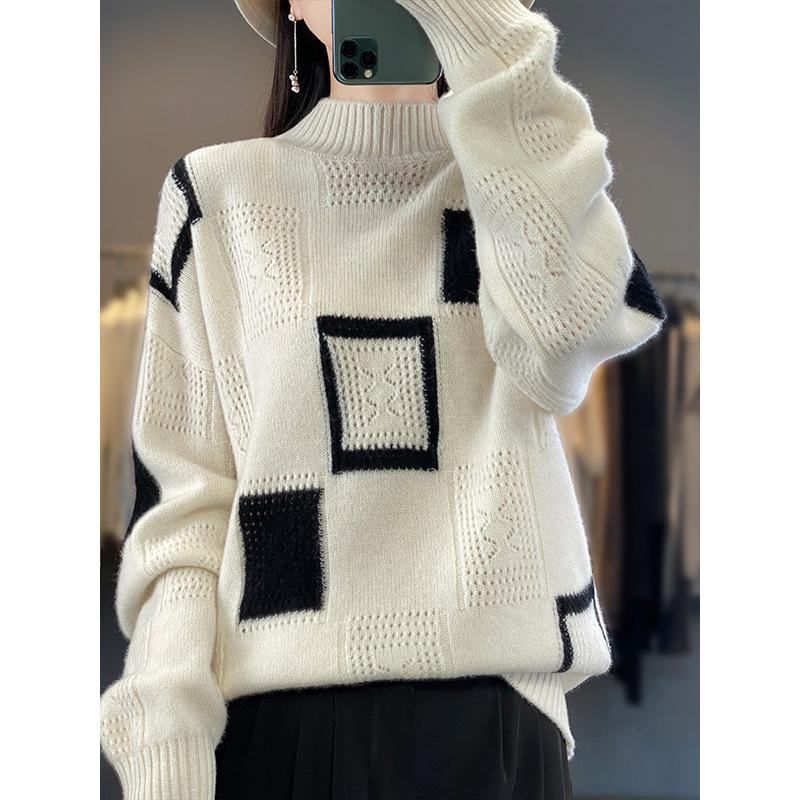 

Half Turtleneck Square Color-blocking Cardigan for Women In Autumn and Winter Cashmere Knitted Sweater Fashionable Loose Warm Base Top M