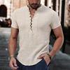 V-Neck Buttons Half Placket Men Shirt Short Sleeve Fine Sewing Summer Casual Solid Color Thin Shirt Daily Garment
