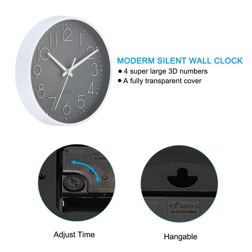 PATIKIL 20 cm Round Wall Clock, Silent, Non-Tickle, Wall Clock for Office, Bedroom, Kitchen, Decorative, Gray
