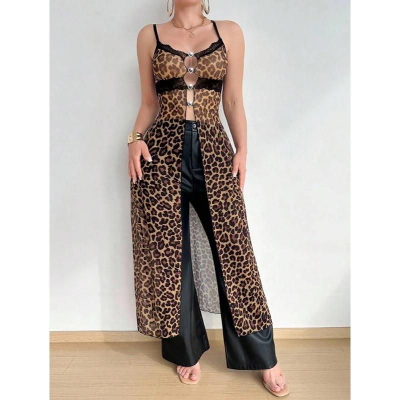 Sexy Leopard Print Perspective Suspender Skirt Lace Lace Split Ends Sexy Nightdress Women