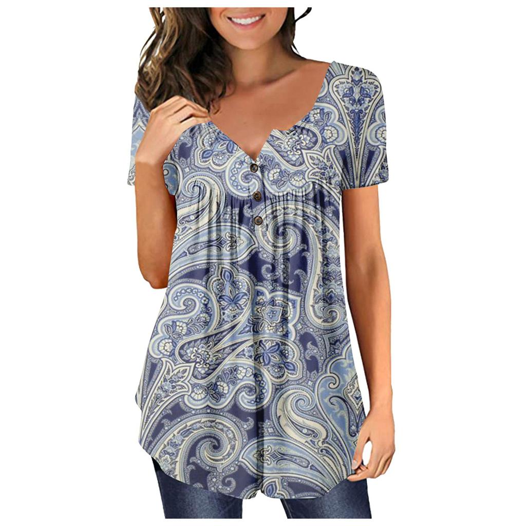 Damen-Pullover, lässig, modisch, Übergröße, bedruckt, kurzärmelig, Knopfleiste, V-Ausschnitt