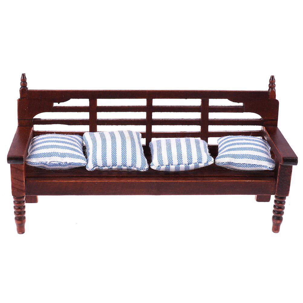 1:12 Miniature Furniture Doll House Wooden Sofa with 4 Pillows For Dolls Children Role Play Toy Dollhouse Miniature Furniture