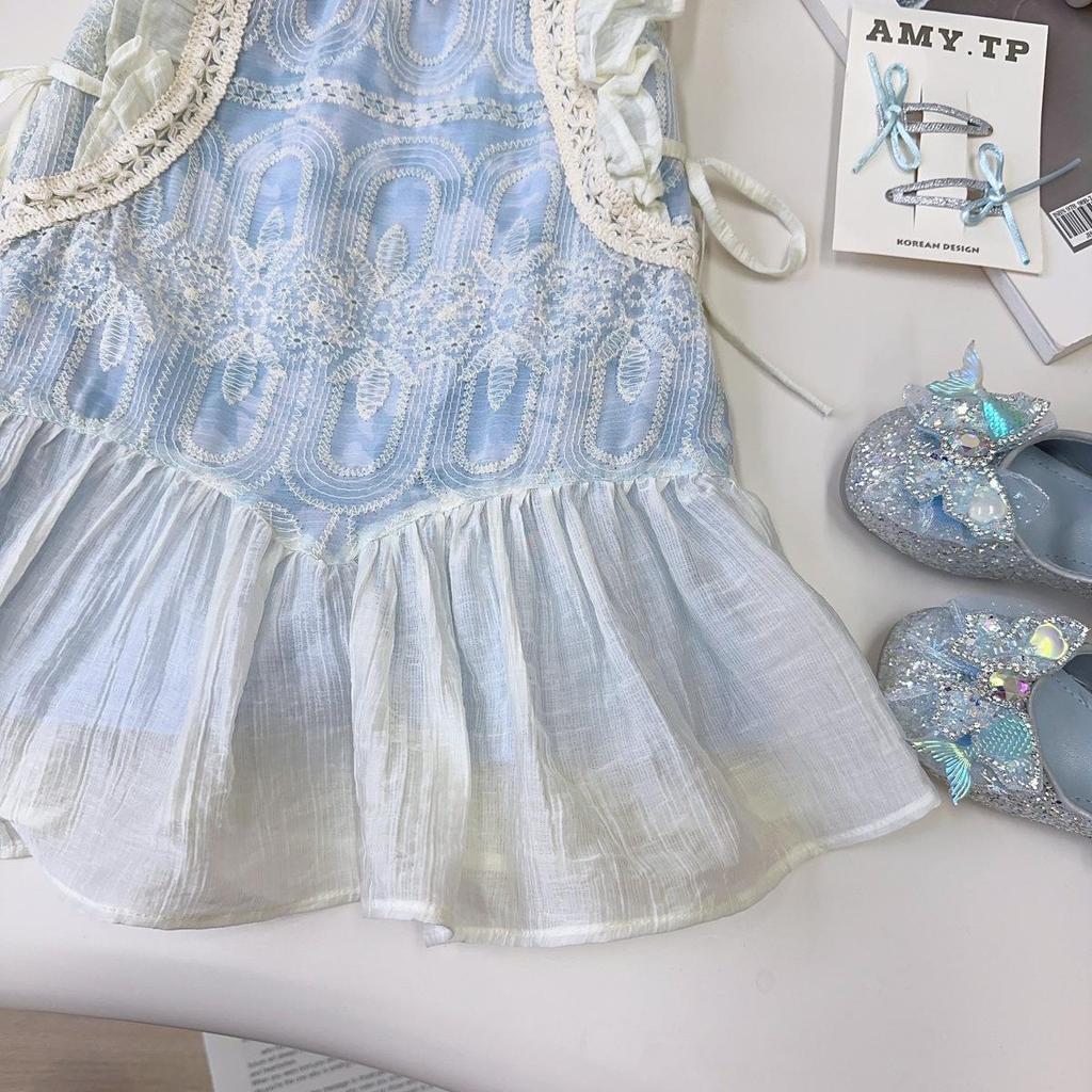 Summer Vacation Flounce Sleeve Dress for Girls - Fresh Mesh Skirt