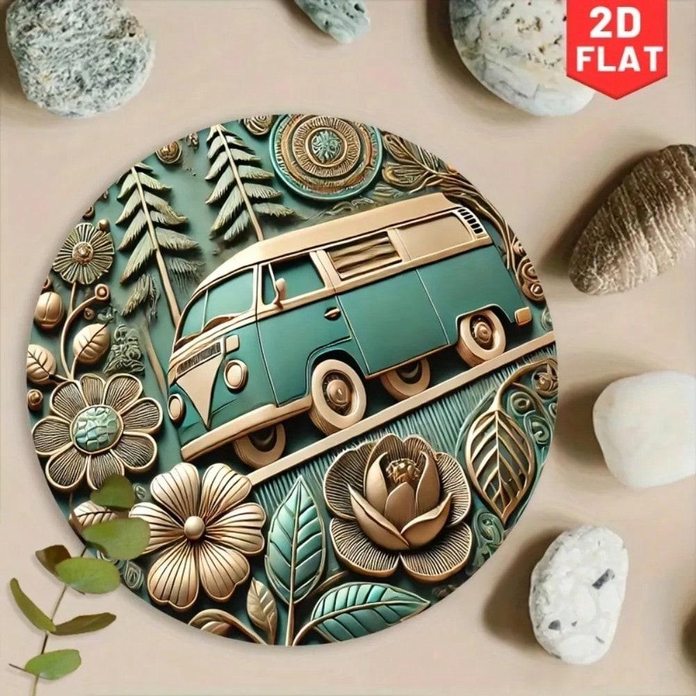 Metal Wall Art Bohemian Style Round Floral Bus Design Waterproof Aluminum Decor TYA33149-20x20cm