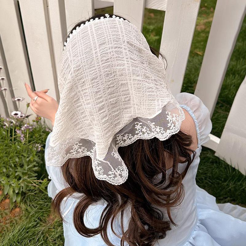 French Style Lace Flower Pattern Triangular Scarf Headband Lolita Silk Scarf Headdress Turban Women'S  Hair Accessories