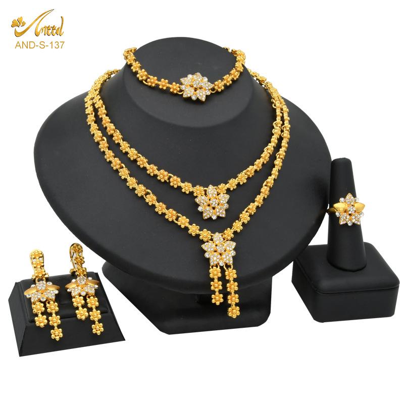 24K Gold-Plated Bridal Jewelry Set: Necklace & Earrings, Middle Eastern Wedding Style, Dubai Four-Piece Set
