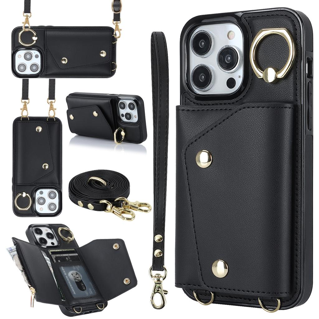 Crossbody Lanyard Handschlaufe Rring Kartenhalter Leder Handyhülle für iPhone 16 15 14 11 Pro Max XS XR 7 8 Plus 13 12 Mini