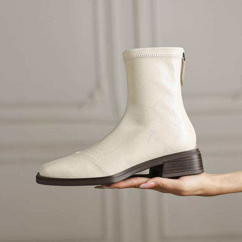 New Women's Leather Boots Solid Color Low Heel Versatile Square and Large Size Women's Boots Rear Zipper Rubber Sole Autumn and Winter Boots