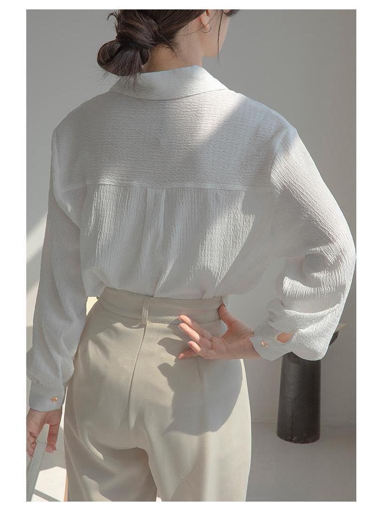Women's Textured White Shirt - Loose French Style, Spring/Summer 2025