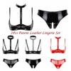 Women's Fashion Lingerie Set Patent Leather Wire-free Bra Top with High Cut Briefs Underwear Honeymoon Costume