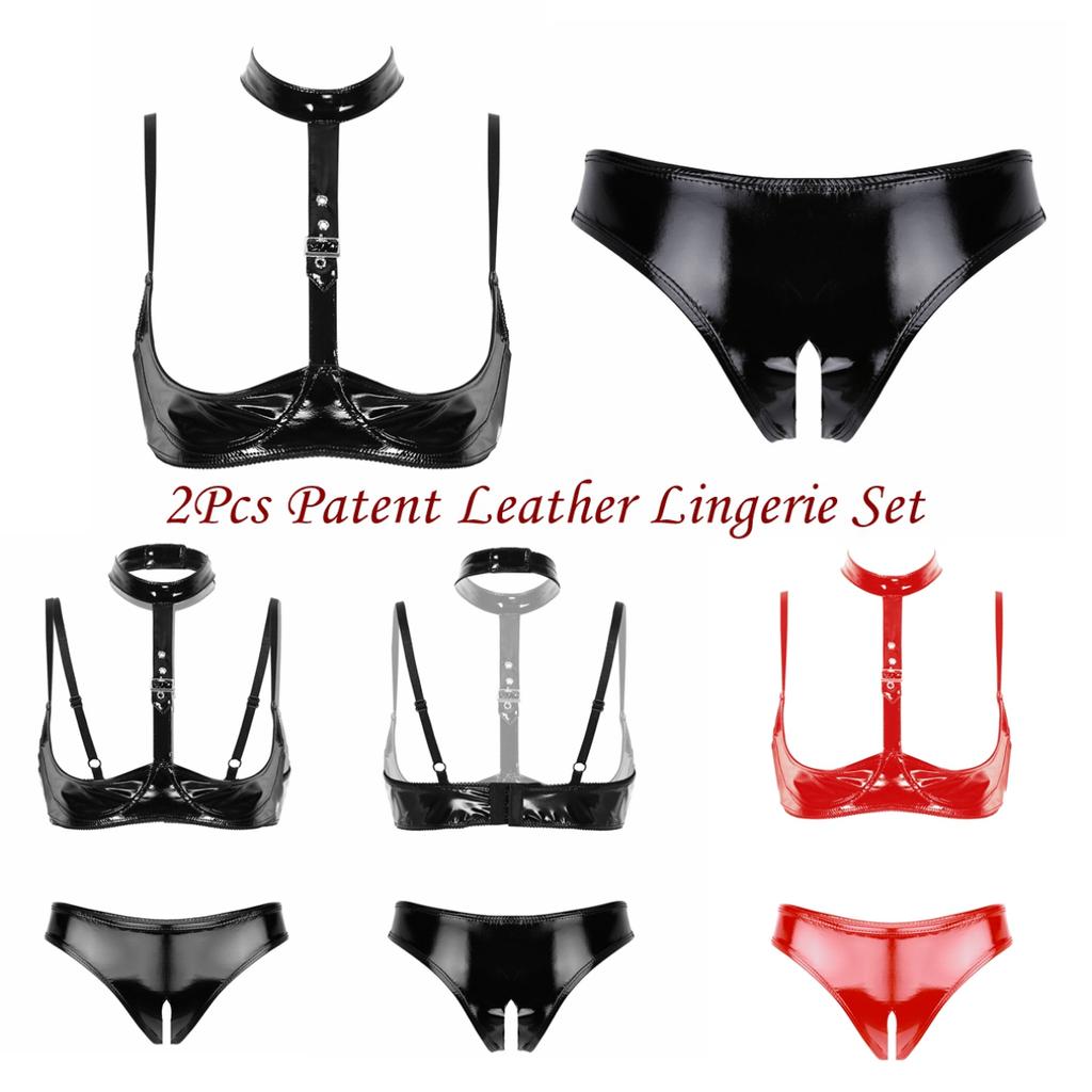 Women's Fashion Lingerie Set Patent Leather Wire-free Bra Top with High Cut Briefs Underwear Honeymoon Costume