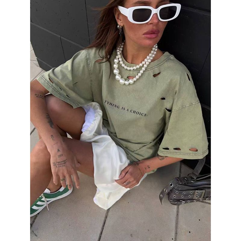 Western Style Loose Letters Print Distressed Hole T-shirt Top Broken Hole Printed T-shirt