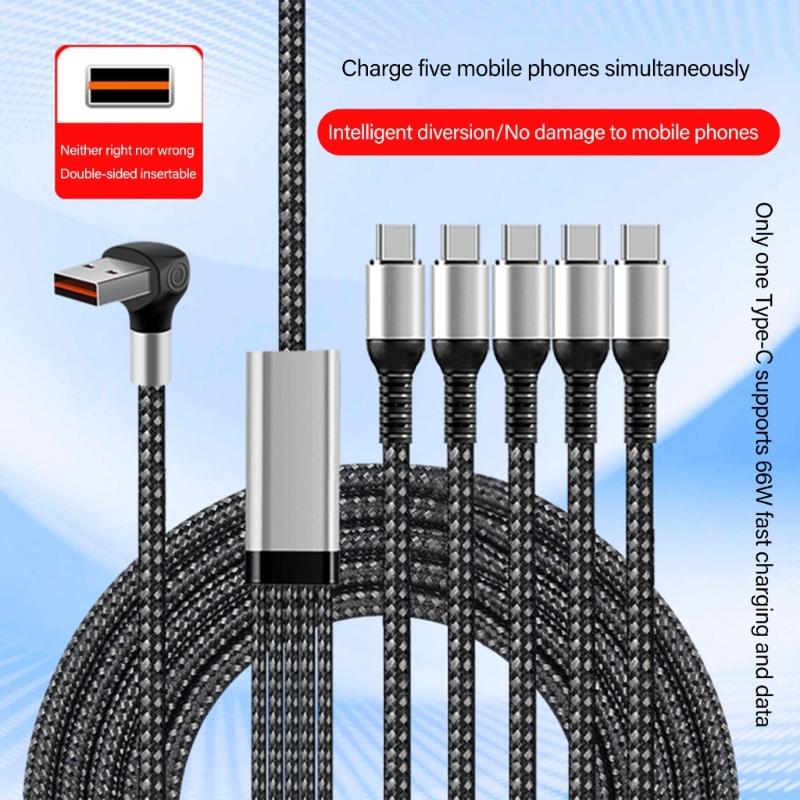 Right Angle USB A Male to 5 Type-C Male Cord 150cm Multi Charging Data Cable 66W USB Fast Charging Cord for Phone