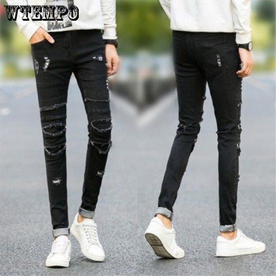 Jeans Men Fashion Pants Ripped Side 