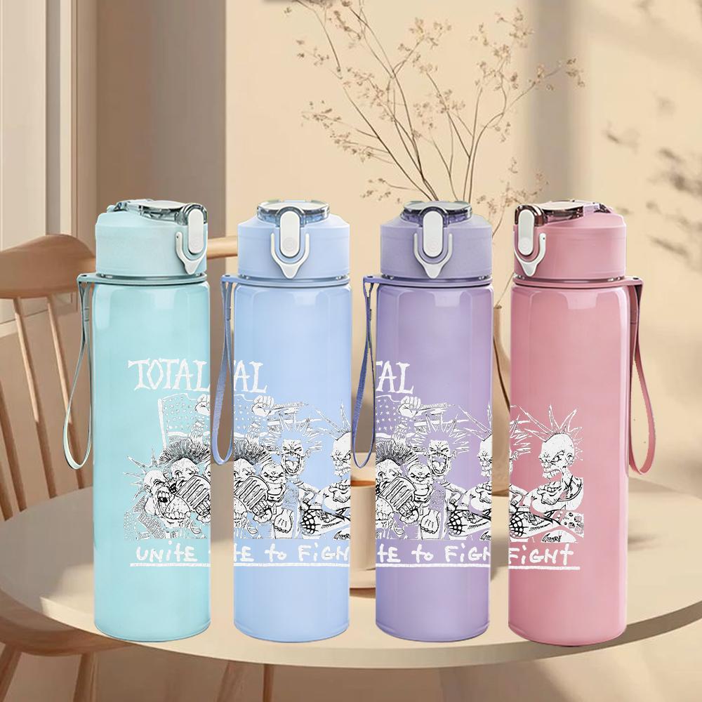 1PC Faint band group grey sketch print 750ml colorful plastic sports water bottle leakproof pop up lid with straw for outdoor work home use