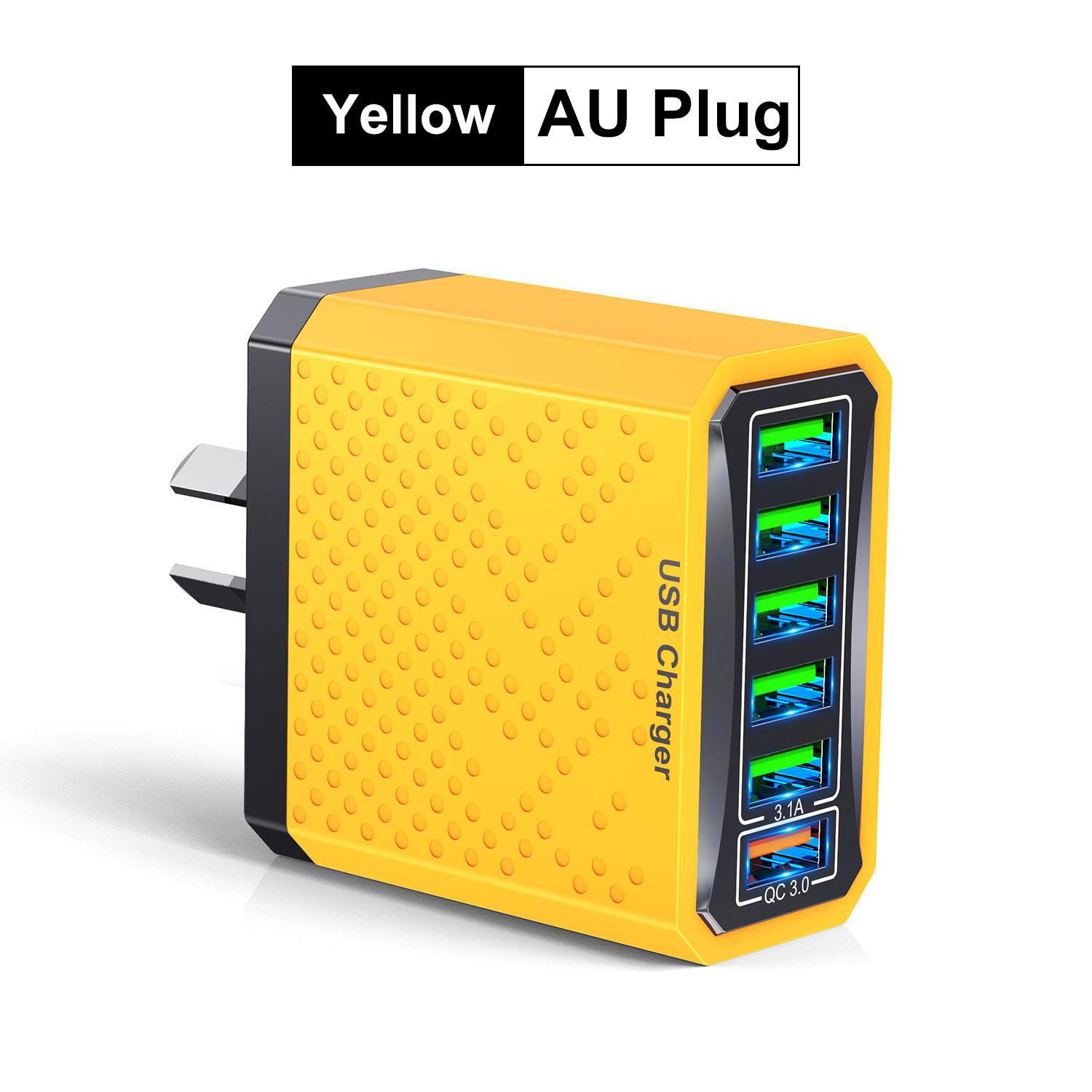 

AU Plug Fast Charger 6 IN 1 6 Ports Multii Charger USB Fast Charging Charger 3.1A QC3.0 Quick Charger Adaper Australian Charger AU Plug Yellow