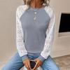 Women's Lace Top Crew Neck Long Sleeve Openwork Slim Fit Casual Blouse