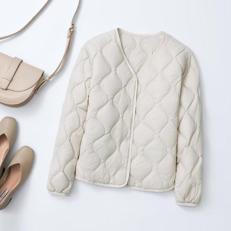 Autumn and Winter Short Rhombus Round Neck Collarless Light Down Jacket Women's White Duck Down Liner with Casual Jacket
