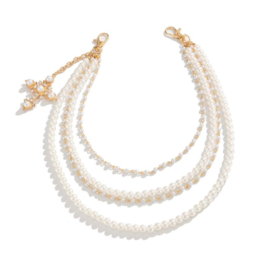 Metal Cross-shaped Pearl Waist Chains Hip Hop Waist Key Chain Pants Belt Chains  For Women Man