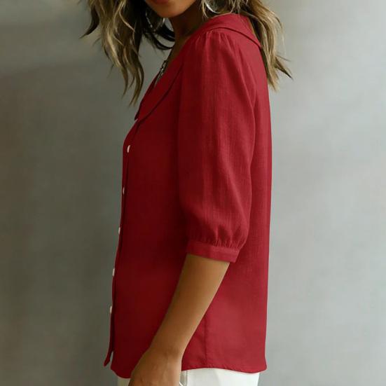 Women Tops Lapel Half Sleeve Buttons Placket Shirt Tops Pure Color Loose Fit Casual Style Shirt Home Dates Versatile Wear