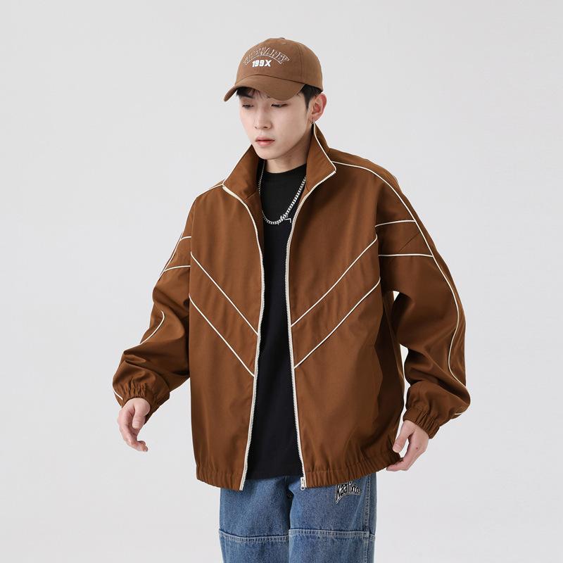 Large Size Baseball Jersey Men's Spring and Autumn Brown Coffee Lapel Jacket Men's Coat