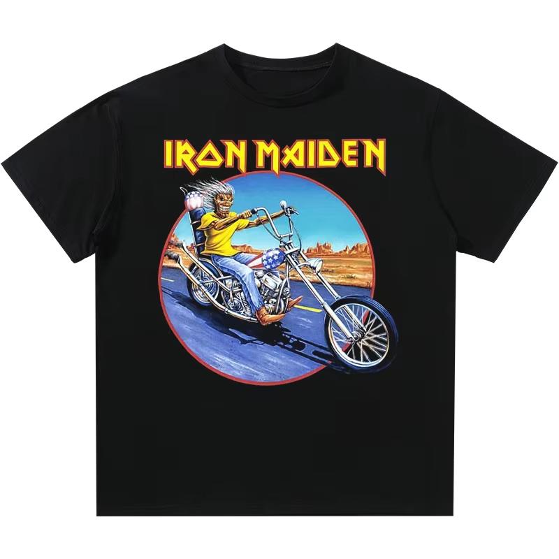 

2025 Группа Iron Maiden, Тяжелый мотоциклетный стиль Американский ретро вайб Уличный трендовый бренд Тяжелая футболка с коротким рукавом 4XL
