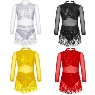 Kids Girls Sequin Tassel Dance Dress Ballet Latin Lyrical Jazz Dancewear Costume