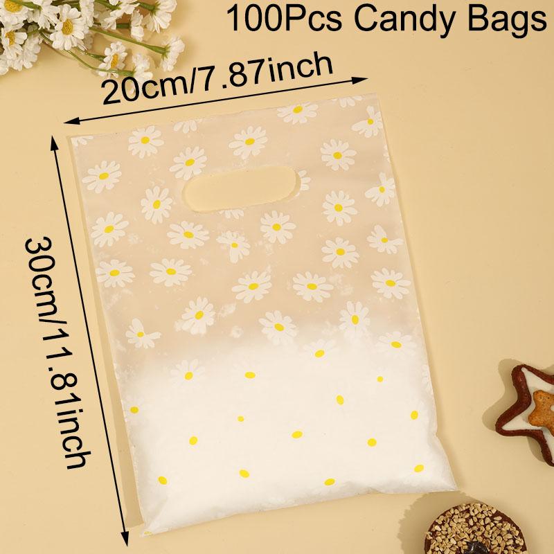 100Pcs/Pack Daisy Pattern Gift Bags With Plastic Handle, Plastic Gift Bags, Perfect for Mother's Day, Parties, Holidays