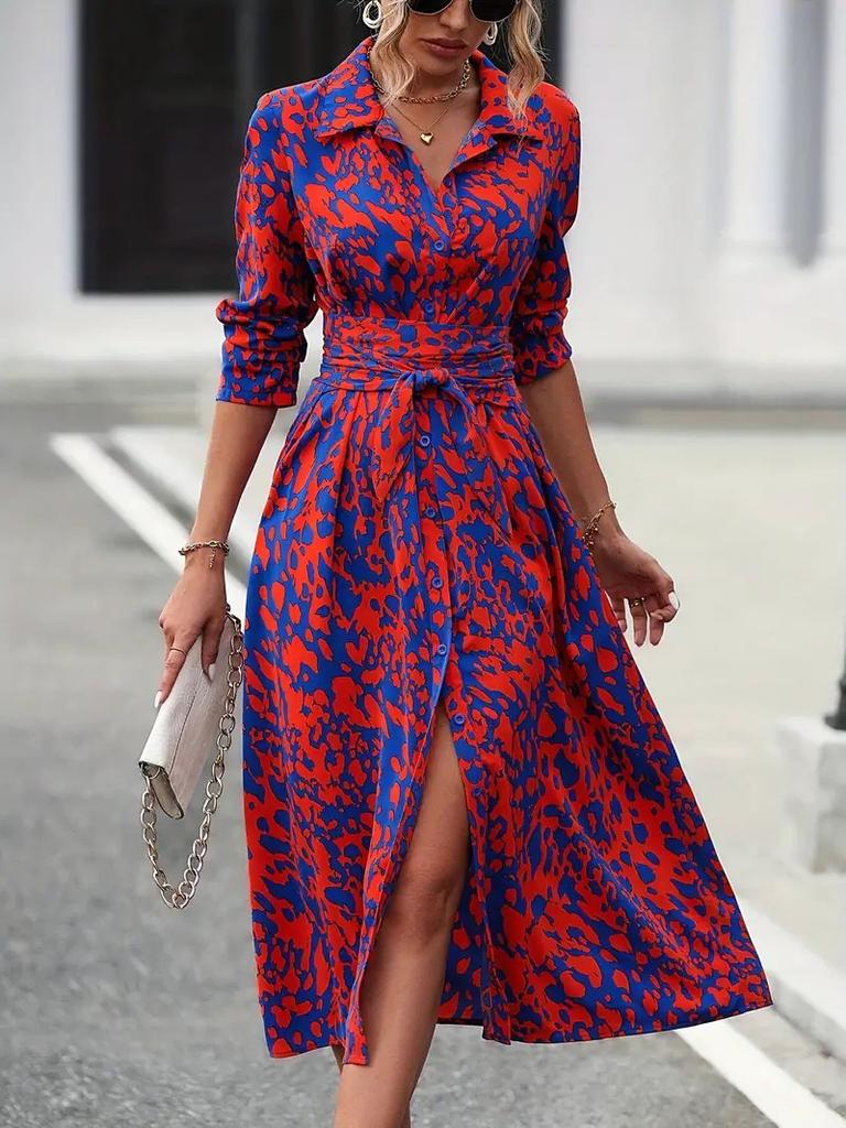 Women's Collar Long Sleeve Abstract Print Midi Dress High Waist Belted Shirt Dress