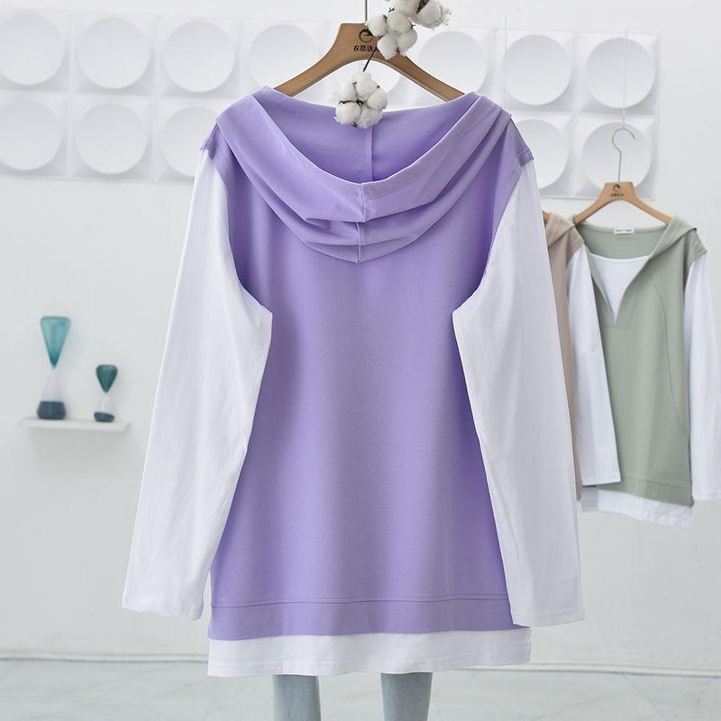 Felpe con cappuccio da donna taglie forti primavera autunno maniche lunghe finto due pezzi top casual larghi felpa con cappuccio oversize