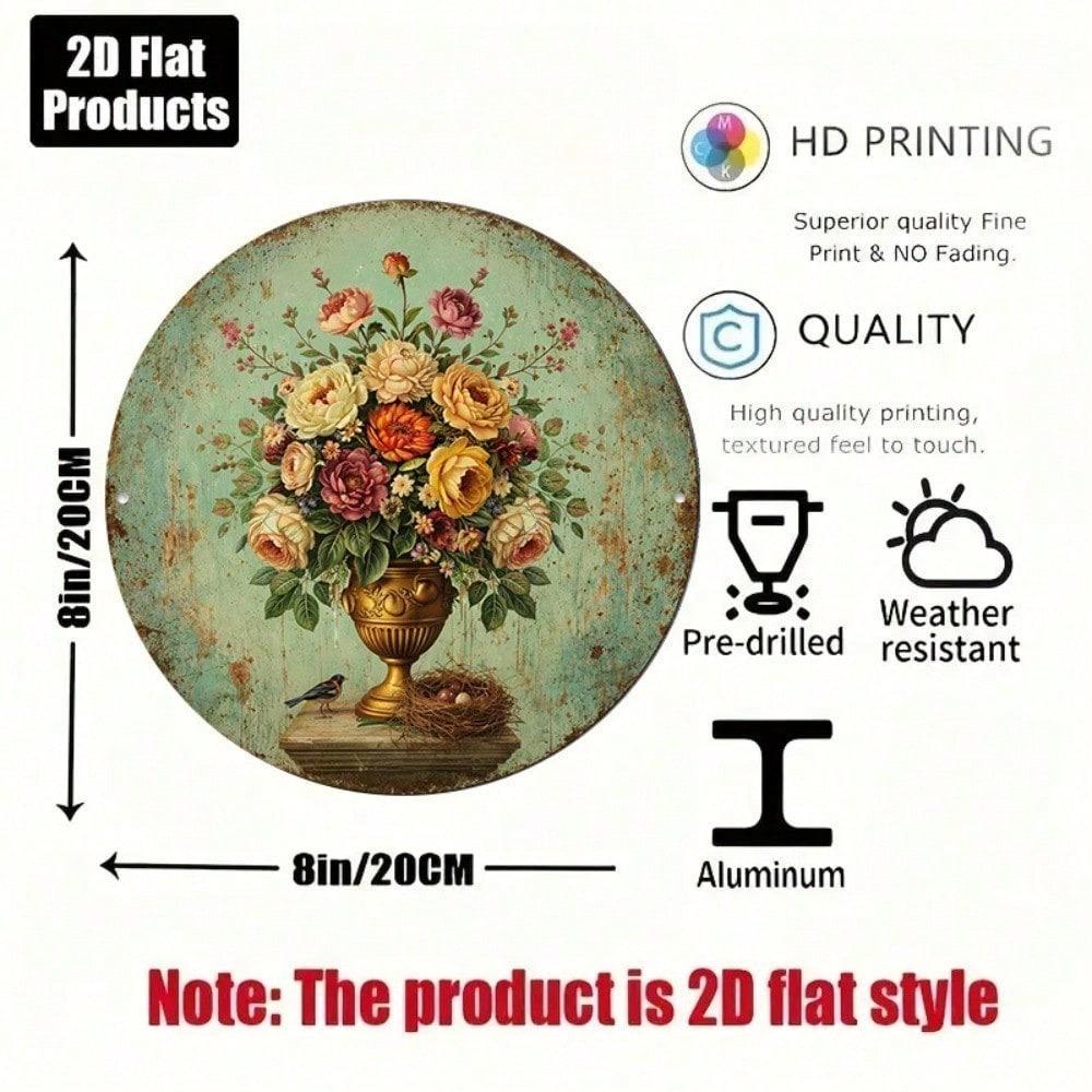 1pc 8x8in Vintage Floral Vase Round Metal Sign Rustic Farmhouse Wall Art Home Decor