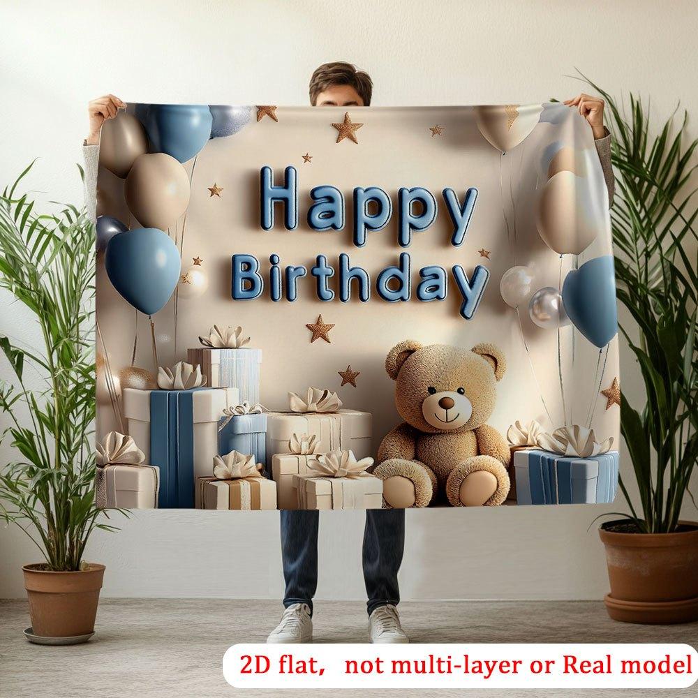 2D Flaches Banner, 1 Stück Geburtstagsparty Hintergrundbanner mit Ballons und Teddybären - Polyestergewebe