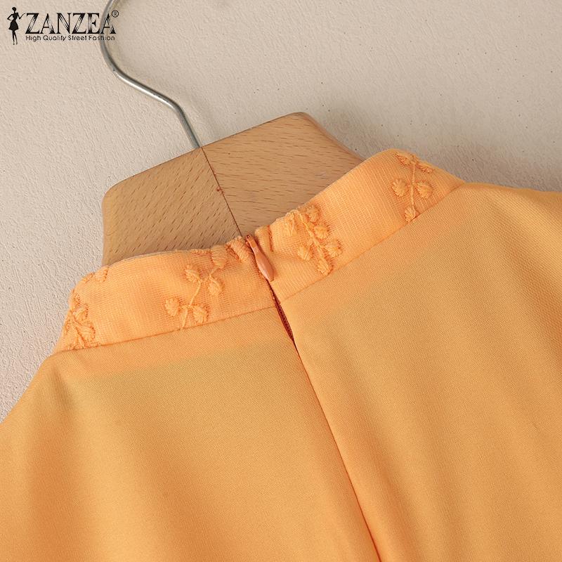 ZANZEA Bluză casual de damă cu guler înalt, mânecă scurtă, patchwork cu broderie din dantelă