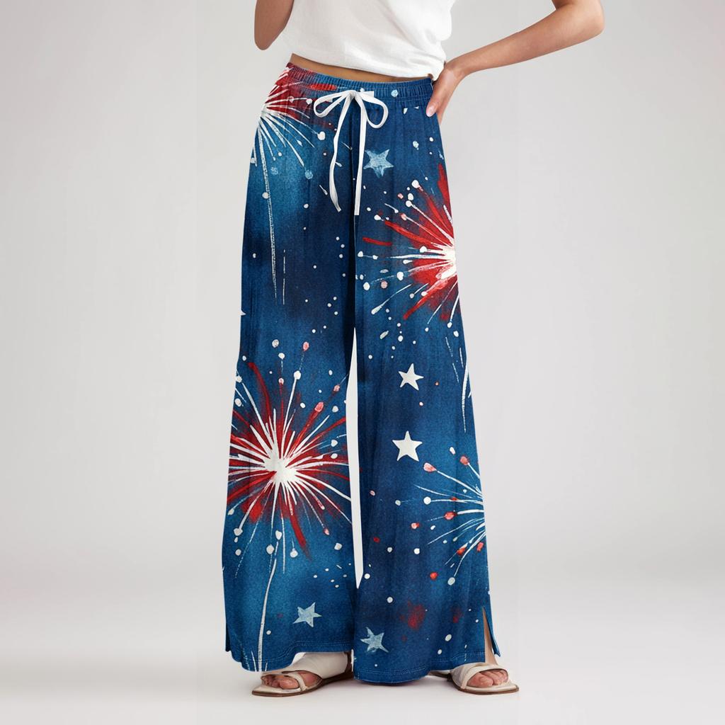 Damen locker lässige weite Hosen mit Unabhängigkeitstag-Aufdruck, elastischem Bund mit Kordelzug und Taschen