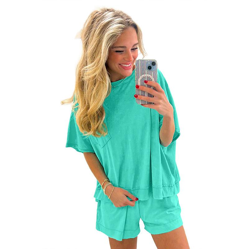 Women's Loose Two Piece Short Set Half Sleeve Pocket Tee Solid Casual Loungewear Matching Outfit
