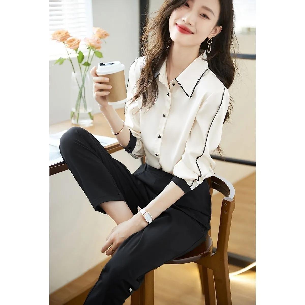 

Легкая роскошная высококачественная атласная рубашка женская весна-лето корейская мода темперамент пригородный профессиональный рубашка с лацканами S белый