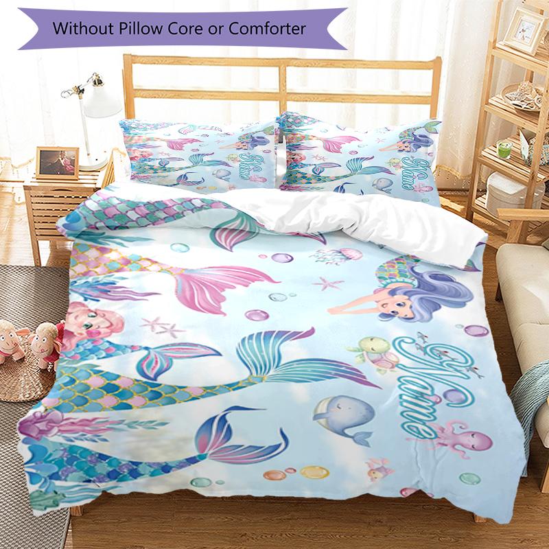 3pcs Custom Name Mermaid Bedding Set Duvet Cover Closure Includes 1 Duvet Cover & 2 Pillowcases, Soft and Comfortable for All Seasons.