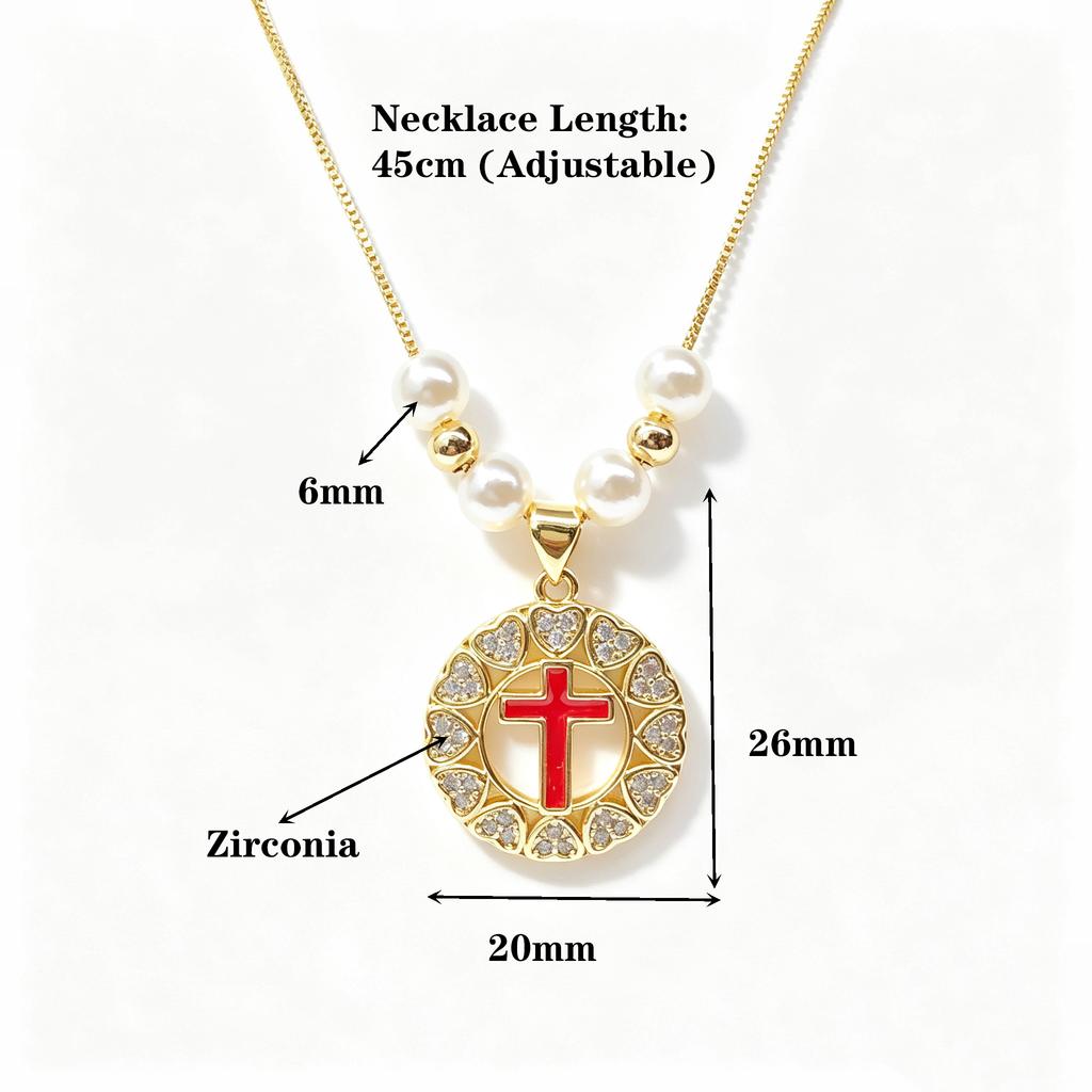 White Black Red Enamel Art Cross Zirconia Pendant Necklace: New Fashion for Women Party Pearl Chain Choker Religious Prayer Gift