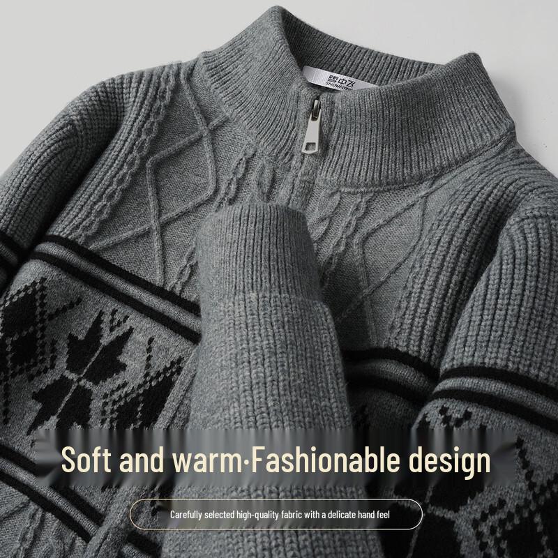 SNOWFLYING Men s Heavyweight 790G Color Block Jacquard Half-High Collar Double-Zip Knit Cardigan XL